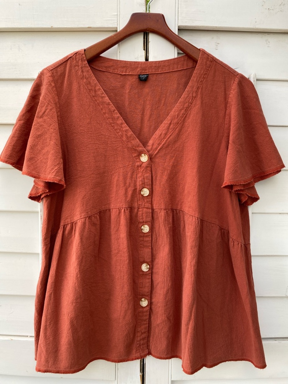 Button-Front 100% Cotton V-Neck Peplum Blouse in Rust